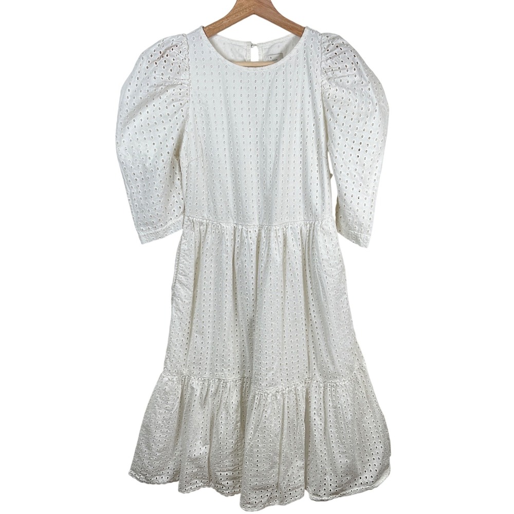 A New Day White Cotton Eyelet Puff Sleeve Tiered‎ Midi Dress Women's Size Small - Picture 3 of 7